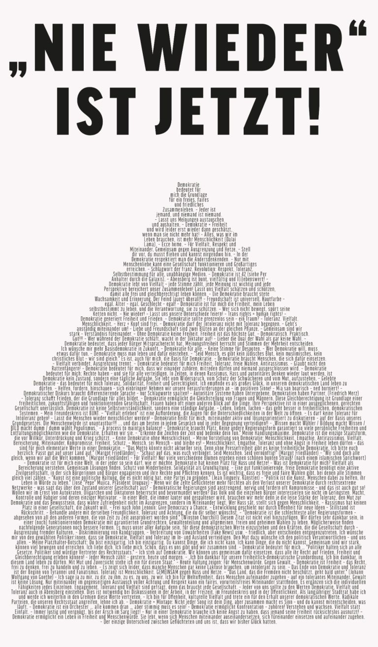 Schwarz-weiße Infografik mit Überschrift ‚NIE WIEDER IST JETZT!‘ und Hausfigur aus vielen Textzeilen.